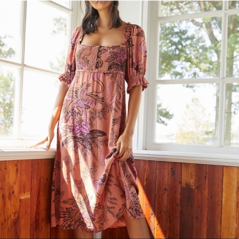 Anthropologie Rose-Toned Floral Smocked Midi Dress